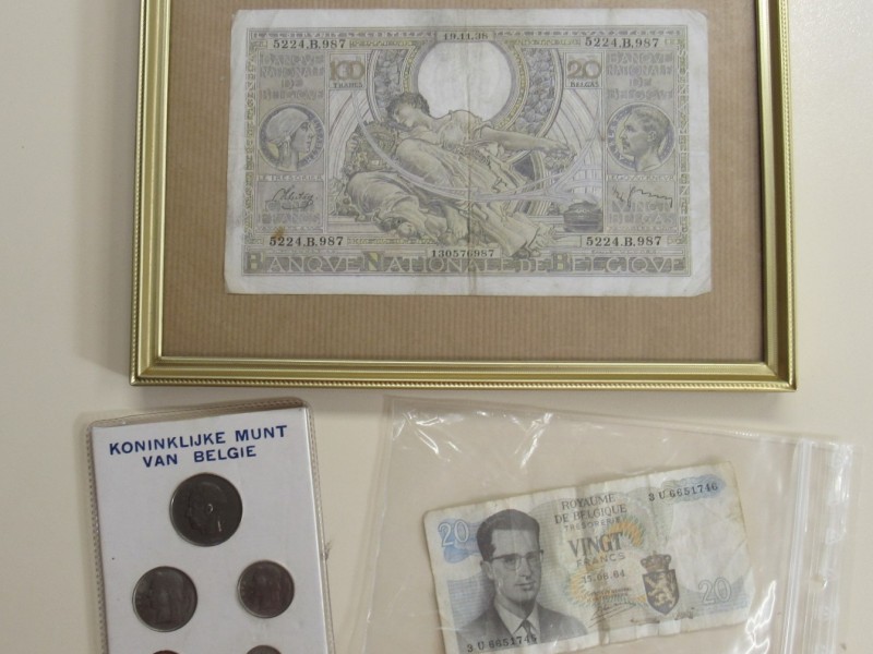 Jaarset Begische munten 1972 / briefje van 100 frank uit 1938 / briefje van 20 frank uit 1964